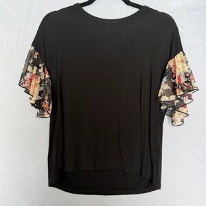 Kim & Cami Black Top with Floral Sleeves